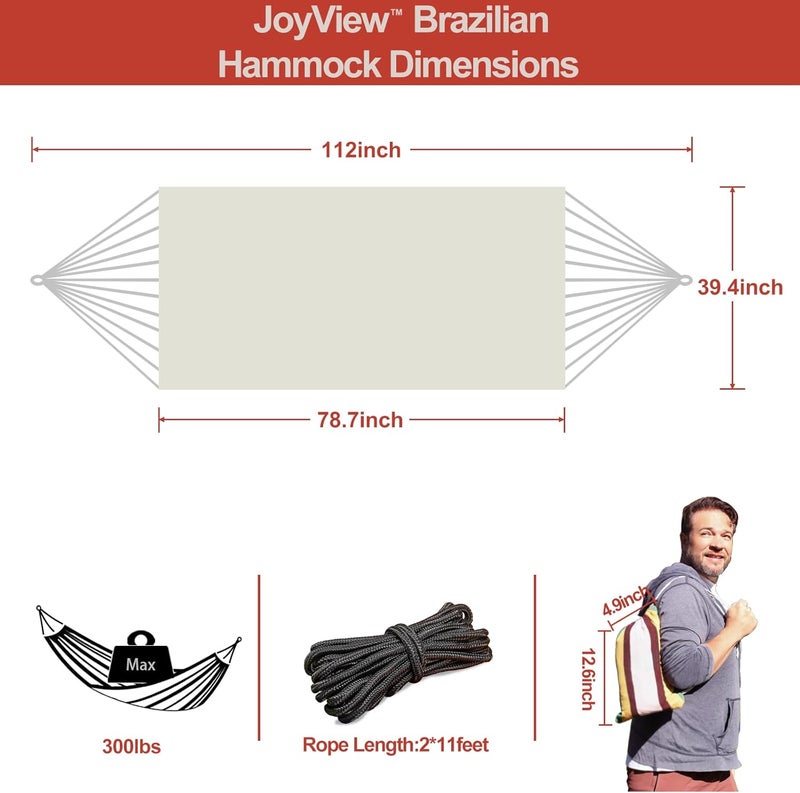 JoyView Brazilian Hammock for Single Person - 78.8x39.4” Portable Cotton Hammock with Hanging Ropes & Carry Bag Large for Patio 300LBS Capacity Perfect for Outdoor/Indoor - Natural White - Image 2